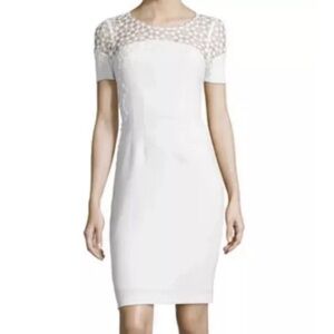 Elsa Tahari “Suzie” White Lace-Trim Short Crepe Dress